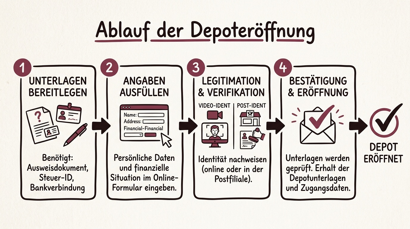 Ablaufskizze mit Unterlagen und Legitimationsschritt zur Erklärung einer Depoteröffnung