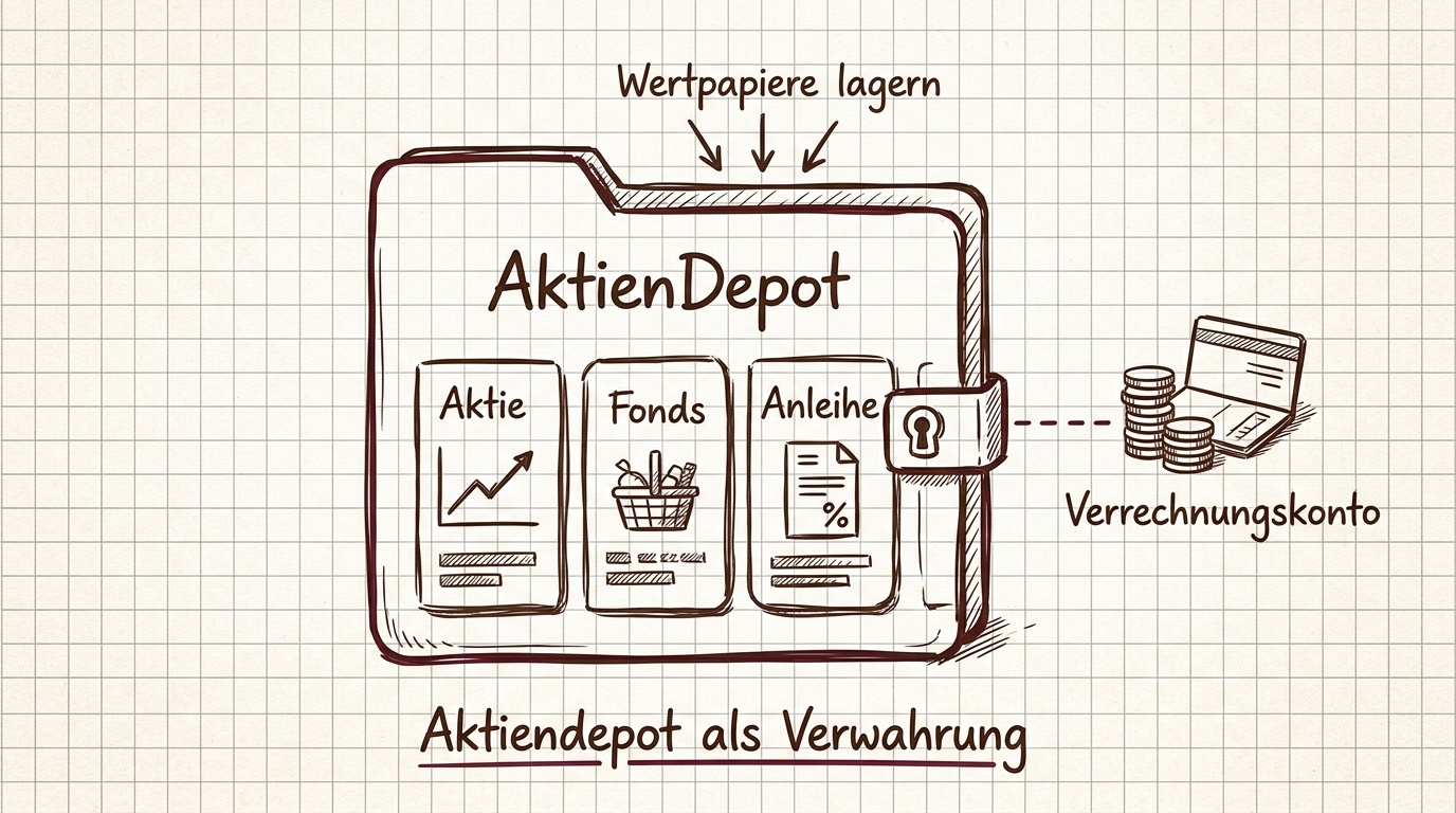 Skizze eines Aktiendepots als digitale Ablage für Wertpapiere auf kariertem Papier