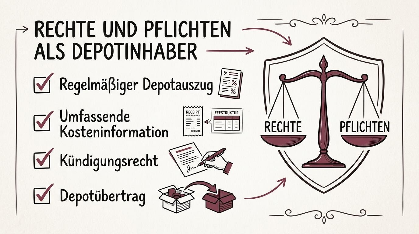 Checklistenartige Skizze mit Rechten und Informationspflichten rund um ein Depot