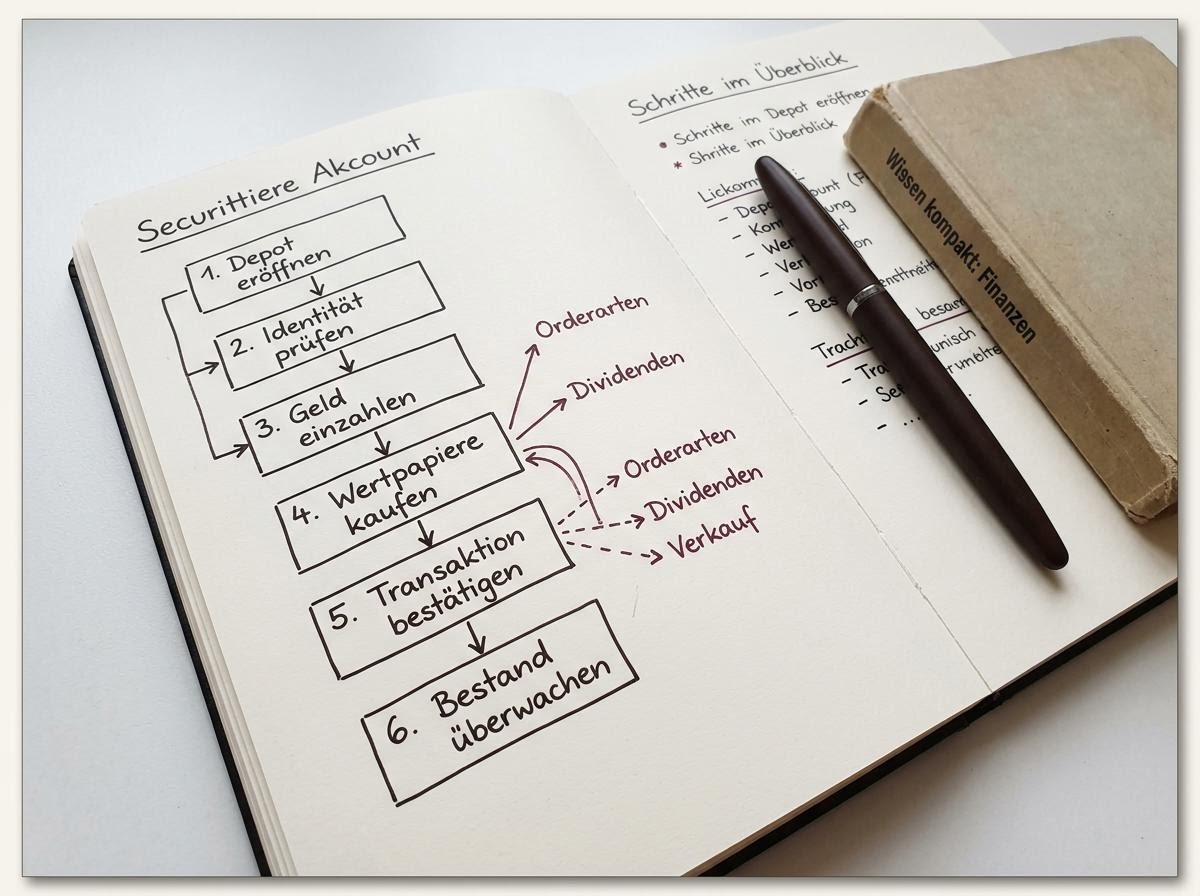Aufgeschlagenes Notizbuch mit handschriftlichen Skizzen zum Ablauf eines Wertpapierkontos